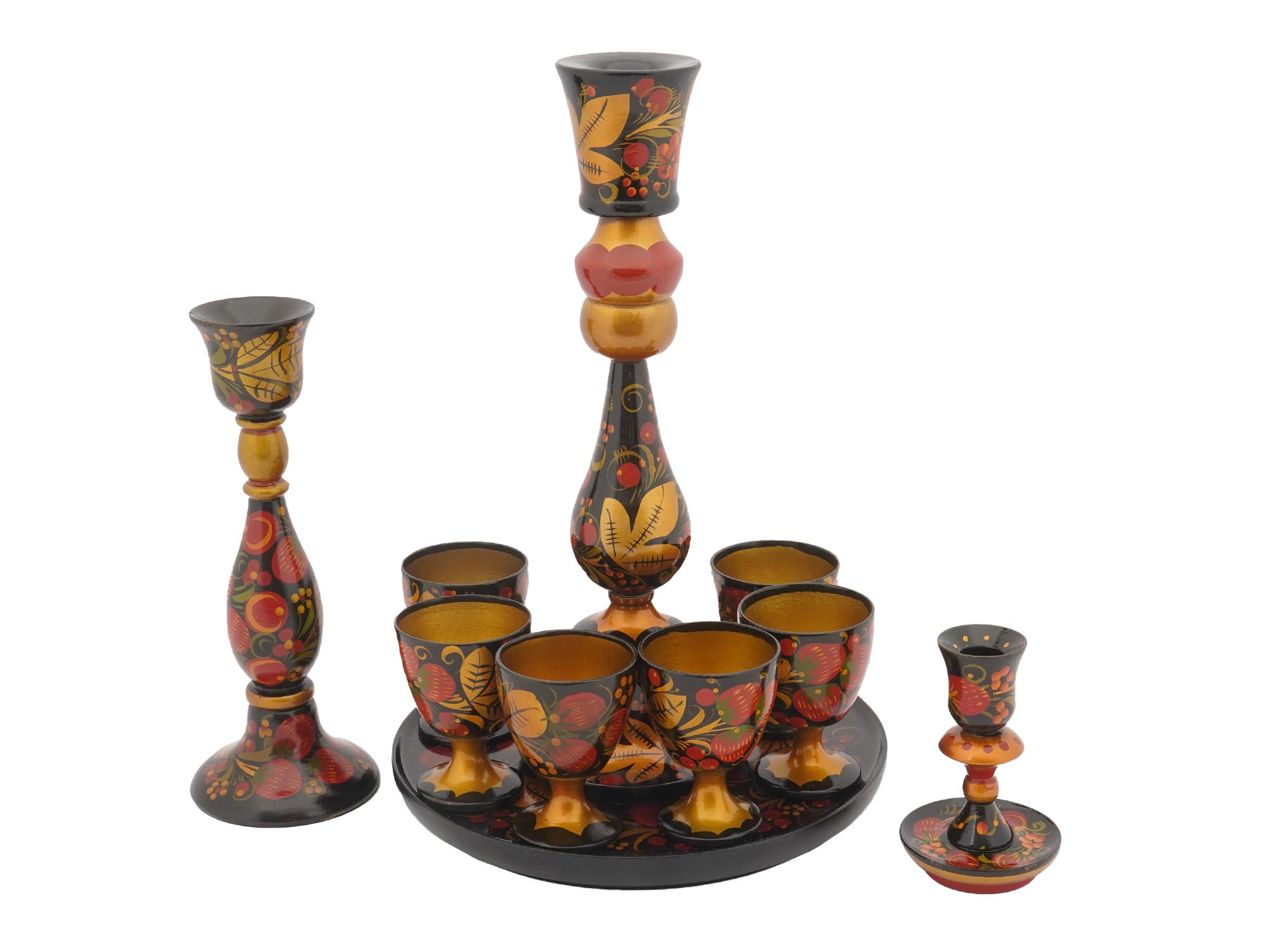 RUSSIAN KHOKHLOMA BAR SET & CANDLESTICKS, 10 PCS PIC-0